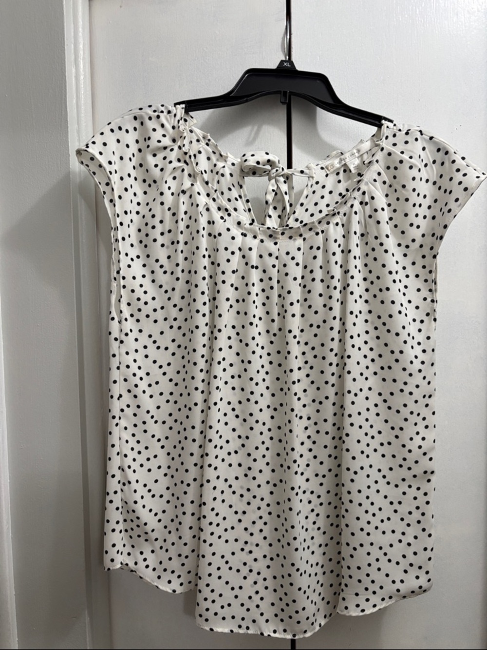 LC Lauren Conrad White Blouse with Black Polka Dots and Tie Neck